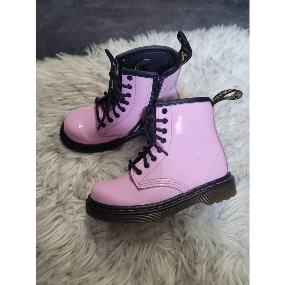Dr. Martens Kids Pink Patent Leather Lace-Up Boots